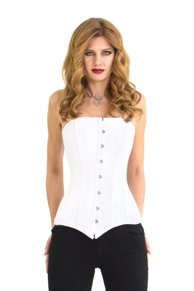 Elvira White Cotton Longline Overbust Steel Boned Corset Glamorous Corset