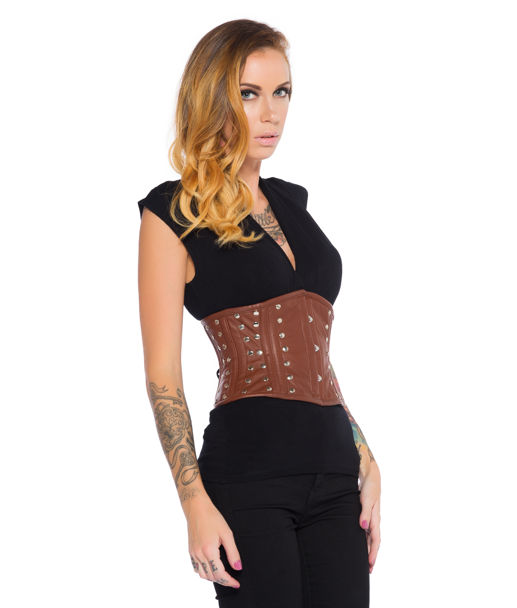 Bella Brown Leather Corset with Studs Steel Boned Corset Glamorous